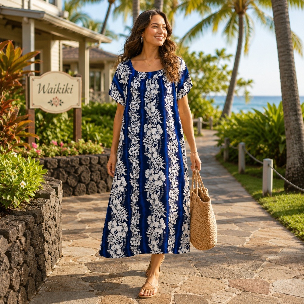 Royal Creations Hawaiian Muumuu Dress 4X Blue Floral Island Vacation Resort Vtg
